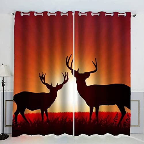 VASENA Vorhang Hirsch Rot Polyester Vorhänge mit Ösen 2er Set Gardinen Sonnenuntergang Tiere 3D Drucken Verdunkelungsvorhang für Wohnzimmer Schlafzimmer (234x137 cm) von VASENA