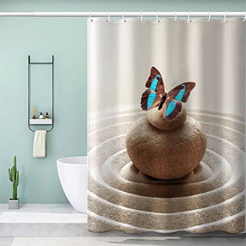 VASENA Zen Meditation Duschvorhang 180x200 Schmetterling Zen-Stein Bad Vorhäng Anti-Schimmel Textil Anti-Bakteriel 3D Wasserdicht Duschvorhang Badewanne mit 12 Hooks von VASENA