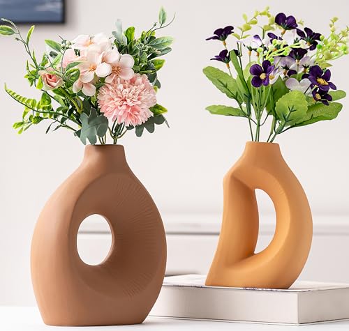 VASETOPIA Keramik Vasen 2 Stück, Minimalismus Stil Blumenvasen Home Decor für Wohnzimmer, Pampas Grass, Tisch (Dunkel Braun/Orange) von VASETOPIA