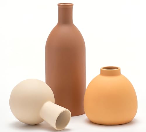 VASETOPIA Keramik Vasen 3 Stück- Gerade, Ovale, Runde Matte, Minimalist Rustikale Home Decor für Pampas Grass (Orange/Braun/Beige) von VASETOPIA
