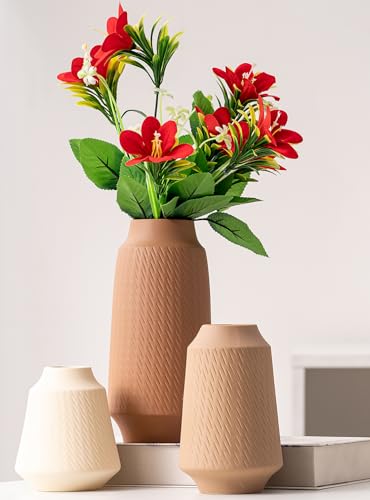 VASETOPIA Vase Keramik 3 Stück Blumenvasen Moderne Multicolor Vasen Deko für Zuhause, Tisch, Bücherregal, Esszimmer (Khaki/Braun/Beige) von VASETOPIA