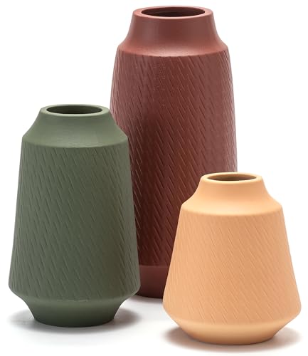VASETOPIA Vase Keramik 3 Stück Blumenvasen Moderne Multicolor Vasen Deko für Zuhause, Tisch, Bücherregal, Esszimmer (Rot/Grün/Orange) von VASETOPIA