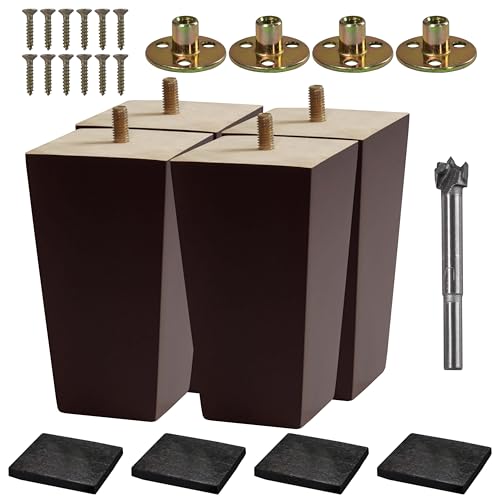 VASGOR Möbelbeine aus Holz (Bohrer im Lieferumfang enthalten), quadratische Sofa-Beine, Couchbeine, Braun, Mitte des Jahrhunderts, moderne Ersatzbeine für Sessel, Liegestuhl, Couchtisch, Kommode (12,7 von VASGOR