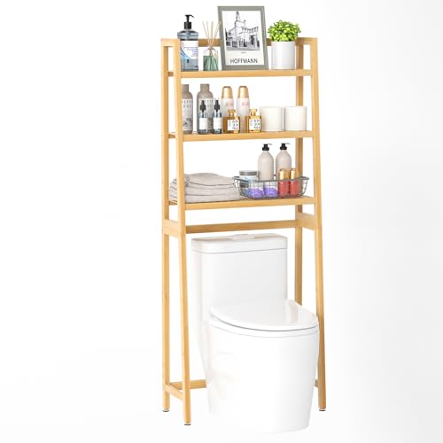 VASMIA Toilettenregal, 3-Ebenen Bambus WC Regal über die Toilette mit 3 Haken und Wasserdichten Fußpads, Freistehende über die Toilette Regal für das Badezimmer,Natürlich von VASMIA