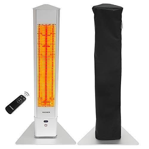 VASNER HeatTower silber + AirCape schwarz – Infrarot Standheizstrahler 2500 Watt mit Abdeckhaube, Heizstrahler Terrasse, 4 Heizstufen, Fernbedienung, Terrassenstrahler elektrisch, IP65 Outdoor Schutz von VASNER