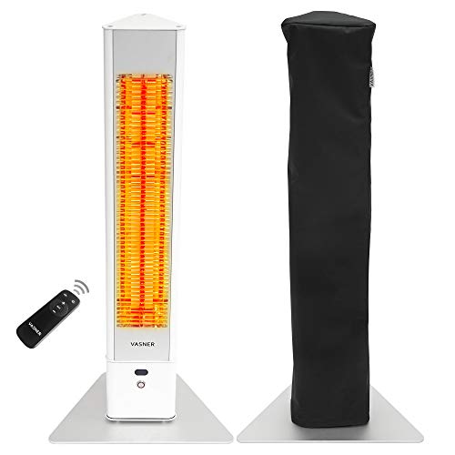 VASNER HeatTower weiß + AirCape schwarz – Infrarot Standheizstrahler 2500 Watt mit Abdeckhaube, Heizstrahler Terrasse, 4 Heizstufen, Fernbedienung, Terrassenstrahler elektrisch, IP65 Outdoor Schutz von VASNER