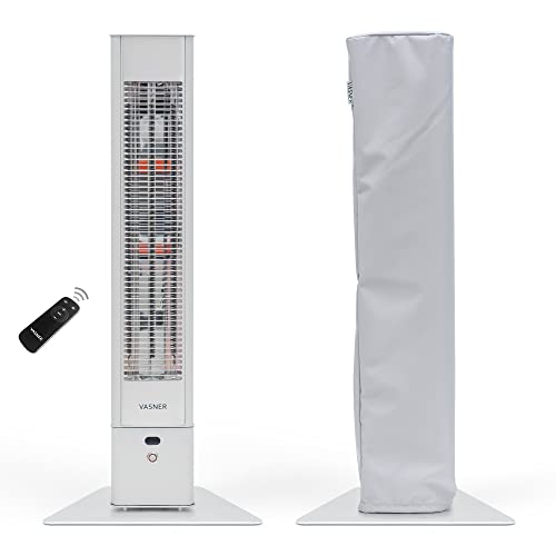 VASNER HeatTower silber + AirCape grau – Infrarot Standheizstrahler 2500 Watt mit Abdeckhaube, Heizstrahler Terrasse, 4 Heizstufen, Fernbedienung, Terrassenstrahler elektrisch, IP65 Outdoor Schutz von VASNER