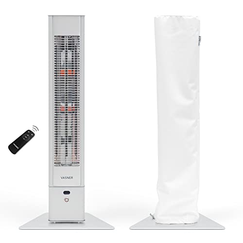 VASNER HeatTower silber + AirCape weiß – Infrarot Standheizstrahler 2500 Watt mit Abdeckhaube, Heizstrahler Terrasse, 4 Heizstufen, Fernbedienung, Terrassenstrahler elektrisch, IP65 Outdoor Schutz von VASNER
