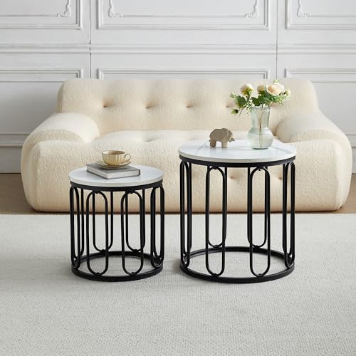 VASOENY Nesting Couchtisch 2er Set, Runde MDF Couchtische mit Metallrahmen, Marmor Center Tisch für Wohnzimmer, Büro von VASOENY