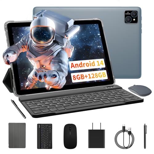 VASOUN Tablet 10 Zoll, Android Tablet 14 mit Ledertasche, Tastatur und Maus, Eingabestift, 5Ghz WiFi, 128 GB Storage, 8000 mAh, 2.0 MP+8.0 MP Camera, GMS Certifild Tablet PC Octa-Core (Grau) von VASOUN
