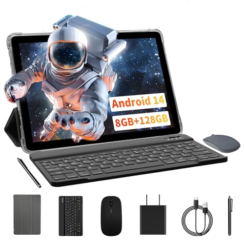 VASOUN Tablet 10 Zoll, Android Tablet 14 mit Ledertasche, Tastatur und Maus, Eingabestift, 5Ghz WiFi, 128 GB Storage, 8000 mAh, 2.0 MP+8.0 MP Camera, GMS Certifild Tablet PC Octa-Core (Grün) von VASOUN