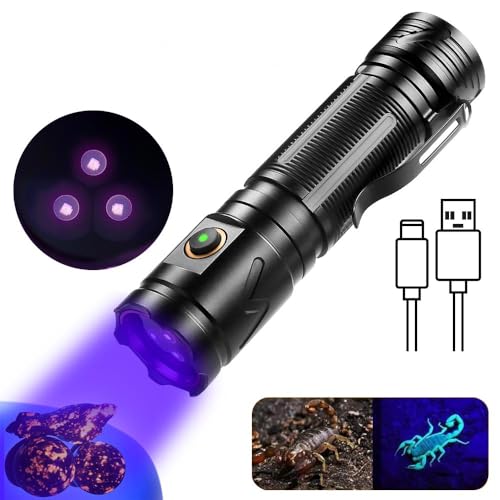 VASTFIRE 30 W Dreifach-LED-UV-Taschenlampe mit 365 nm schwarzer Linse – Typ-C wiederaufladbar, IPX4 wasserdicht & Tastensteuerung – Erkennt Haustierurin/Währung/Lecks (155 g kompakt, 130 x 35 x 30 mm) von VASTFIRE