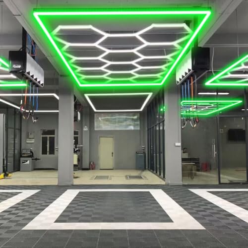VASTFIRE Hexagon LED Garagenlicht, 14-Pack Wabenleuchten mit Rechteck Rot Blau Grün Frame 6500K für Garage, Keller, Lager etc (Grün) von VASTFIRE