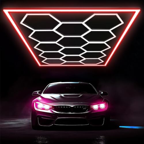VASTFIRE Hexagon LED Garagenlicht, 14-Pack Wabenleuchten mit Rechteck Rot Blau Grün Frame 6500K für Garage, Keller, Lager etc (Rot) von VASTFIRE