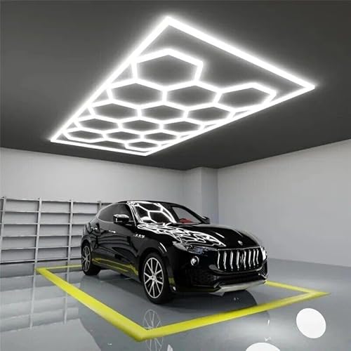 VASTFIRE Hexagon LED Garagenlicht, 14-Pack Wabenleuchten mit Rechteck Rot Blau Grün Frame 6500K für Garage, Keller, Lager etc (weiß) von VASTFIRE
