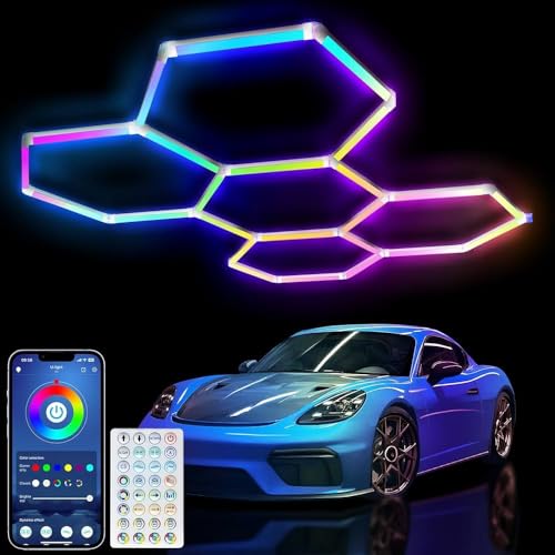 VASTFIRE RGBW Hexagon Garage Leuchten:5-Hex Deckenleuchte 43W 15950 Lumen Auto Lager Werkstatt Gym RGB LED Wabenbeleuchtung Esports Gaming von VASTFIRE