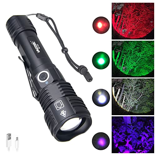 VASTFIRE LED-Taschenlampe für die Jagd 4 Farben grün weiß rot schwarz taktische Taschenlampe tragbar USB wiederaufladbar wasserdicht Zoom für Outdoor, Jagd, Notfall, Militär, Polizei, Überleben von VASTFIRE