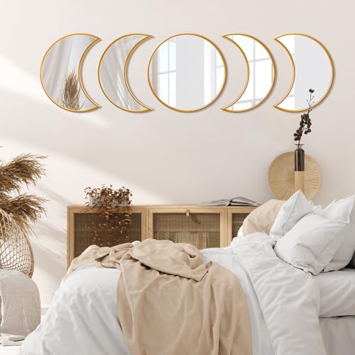 VASUHOME Mondphasen Spiegel Set 100% Glas Boho Wanddekor skandinavisches natürliches Design für Zuhause Wohnzimmer Schlafzimmer reflektiert natürliches Licht verbessert die Stimmung - Gold VASUHOME Mondphasen Spiegel Set 100% Glas Boho Wanddekor skandinavisches natürliches Design für Zuhause Wohnzimmer Schlafzimmer reflektiert natürliches Licht verbessert die Stimmung - Gold von VASUHOME