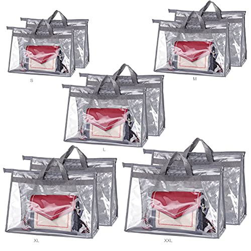 VASZOLA 10 Stück Transparente Handtaschen-Aufbewahrungstasche, Staubschutzbeutel, 5 Größen, transparent, mit Reißverschluss und Griff für Schrankregale, staubdicht und feuchtigkeitsfest (grau) von VASZOLA