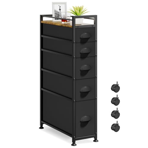 VASZOLA 5 Drawer Narrow Dresser Slim Cabinet Skinny Storage Tower Chest, Ideal for Small Spaces Bathroom Bedroom, Between Washer and Dryer, Lightweight Mobile on Wheels, Sturdy Fabric Drawers, Black von VASZOLA