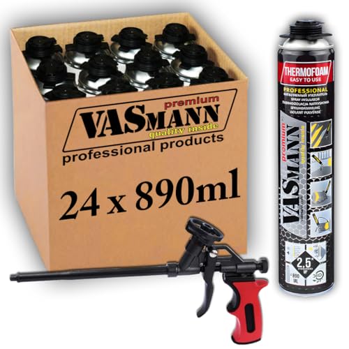 VASmann 24x890ml PU-Sprühdämmung & Sprühisolierung – Effektive Wärmedämmung für Dach, Kellerdecke & Wände | Vielseitige Alternative zu EPS / XPS Dämmplatten (60m2+Pistole, 24) von VASmann