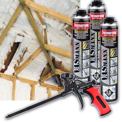 VASmann Sprühdämmung 3x890ml + Pistole Dachdämmung Zwischensparrendämmung Kellerdeckendämmung Vielseitige Isolationslösungen - Effektive Wärmedämmung EPS / XPS Dämmung (7,5m2 + Pistole) von VASmann