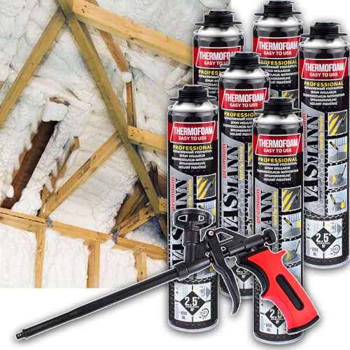 VASmann Sprühdämmung / Sprühisolierung Dachdämmung 6x890ml+Pistole Kellerdeckendämmung Zwischensparrendämmung Wärmedämmung EPS / XPS Dämmung Sprühdämmung (15m2+Pistole) von VASmann