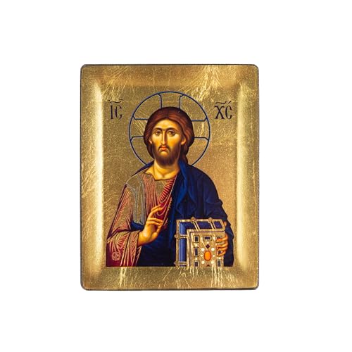 VATOPEDI MONASTERY Jesus Christus 13. Jahrhundert geprägte hölzerne Ikone auf Leinwand mit goldenem Hintergrund vom Berg Athos (13 x 10 cm) von VATOPEDI MONASTERY