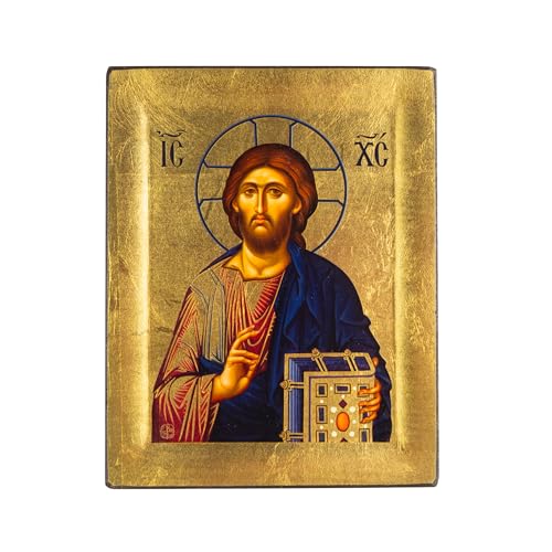 VATOPEDI MONASTERY Jesus Christus 13. Jahrhundert geprägte hölzerne Ikone auf Leinwand mit goldenem Hintergrund vom Berg Athos (19 x 15 cm) von VATOPEDI MONASTERY