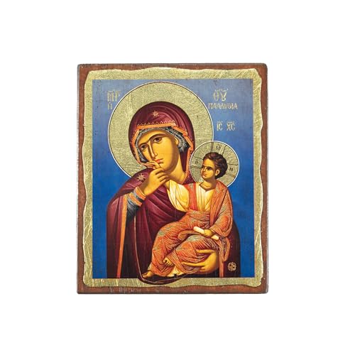 VATOPEDI MONASTERY Mutter Gottes Paramithia, 14. Jahrhundert, gealterte Holz-Ikone auf Leinwand mit farbigem Hintergrund vom Berg Athos (13 x 10 cm) von VATOPEDI MONASTERY