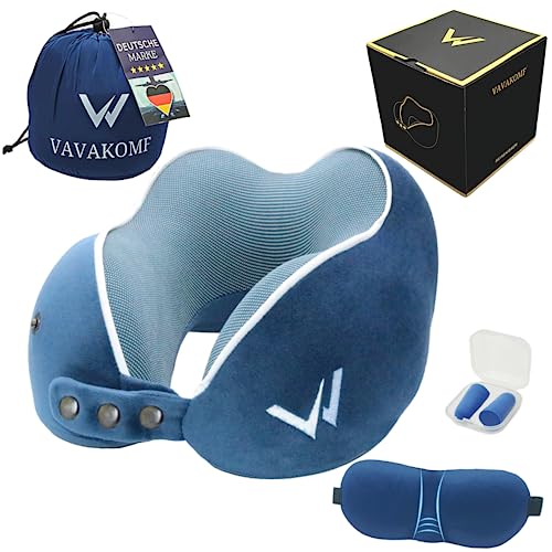 VAVAKOMF Reise Nackenkissen, orthopädisches Nackenhörnchen Flugzeug, Auto & Zug aus Memory Foam, elastisches Nackenstützkissen für Schlafkomfort & waschbarem Bezug, Hochwertiges (Blau) von VAVAKOMF