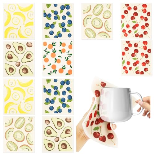 12 Stück Küchentücher,Reinigungstücher aus Baumwolle,Wiederverwendbar Geschirrtuch mit Pflanzentier Print für Schüssel,Wasserabsorbierend Geschirrtücher,Doppelseitiges Design,Spülmaschinenfest(Stil 3) von VAVPUP