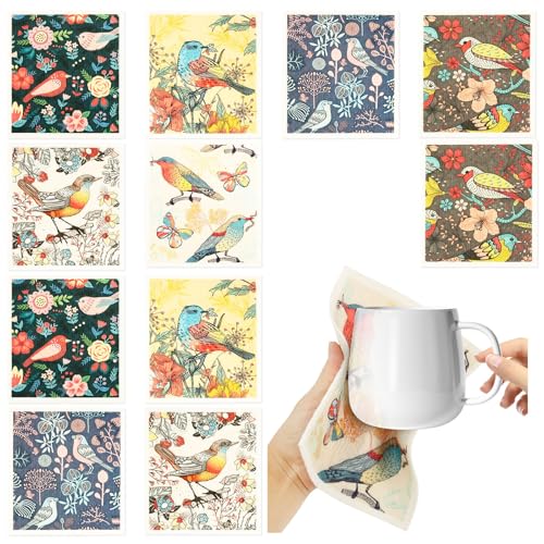 12 Stück Küchentücher,Reinigungstücher aus Baumwolle,Wiederverwendbar Geschirrtuch mit Pflanzentier Print für Schüssel,Wasserabsorbierend Geschirrtücher,Doppelseitiges Design,Spülmaschinenfest(Stil 2) von VAVPUP
