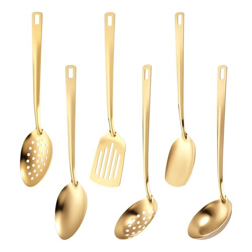 6 Stück Küchenhelfer Set,Edelstahl Kochutensilien mit Aufhängeöse, Langlebig und Rostbeständig Küchenutensilien Set,Multifunktional Löffel und Spatel,Spülmaschinenfest(golden,6PCS) von VAVPUP