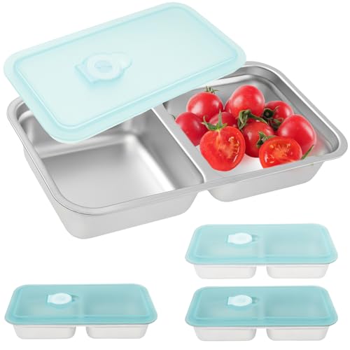 Edelstahl Bento-Boxen,20*4*10.5cm,Edelstahl Snackbehälter Set mit zwei Fächern, Tragbar Auslaufsicher Lebensmittel Aufbewahrungsbehälter,Snackboxen für unterwegs, Picknick im Freien(A,4PCS) von VAVPUP