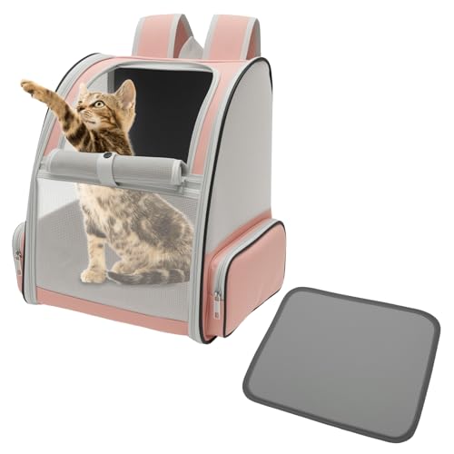 Faltbarer Katzenrucksack,Atmungsaktive Tragerucksack mit Belüftetem Netzdesign,Tragbare Hunderucksack mit Weicher Haustiermatte bis zu 6,8 kg,für Reisen,Wandern und Spaziergänge(Rosa) von VAVPUP