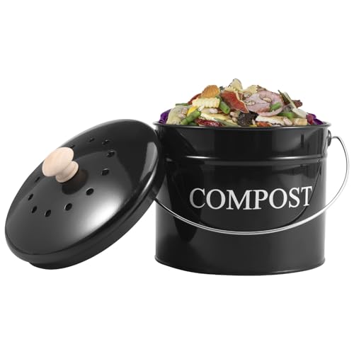 Kompostbehälter Küche,Metall Arbeitskomposter mit Versiegelter Deckel und Griff,3L Küchenkomposter mit Kohlefilter,21x21x20cm,Geruchlos Bio Mülleimer für den Innenbereich(schwarz) von VAVPUP