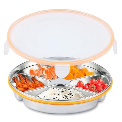 Unterteiltes Serviertablett mit verschließbarem Deckel,5 Fächer Snacktablett,Temperaturbeständig Snackplatten-Organizer,1750 ml Große Kapazität Lebensmittelbehälter 304 Edelstahl Behälter für Obst von VAVPUP
