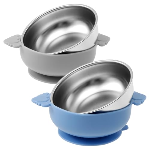 VAVPUP 2 Stück Baby Schalen,2 in 1 Verbrühungsschutz Babyschüssel,Breischale Baby aus Edelstahl mit Saugnapf und Abnehmbarer Silikonhülle,Weich Sicher BPA frei,für Klein Kinder(Stil 1,2pcs) von VAVPUP