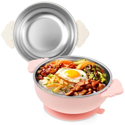 VAVPUP 2 Stück Baby Schalen,2 in 1 Verbrühungsschutz Babyschüssel,Breischale Baby aus Edelstahl mit Saugnapf und Abnehmbarer Silikonhülle,Weich Sicher BPA frei,für Klein Kinder (Stil 2, 2PCS) von VAVPUP