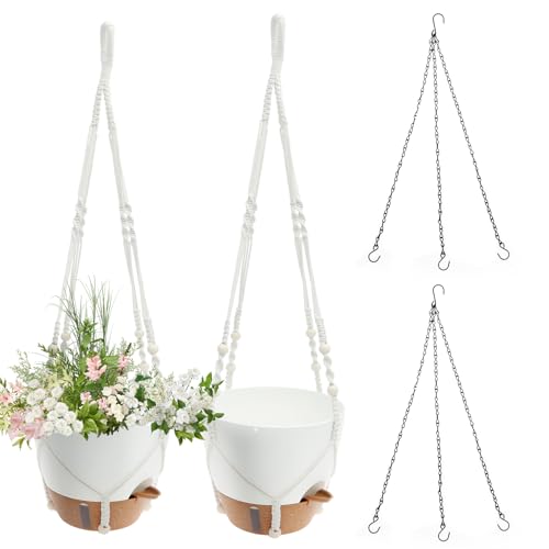 VAVPUP 2 Stück Hängeampel,Makramee Blumenampel,Kunststoff Blumentopf Hängend, Hängetopf Mit Ketten,Drainagelöchern Und Abnehmbarem Untersetzer,Draußen Deko für Garten Balkon Wohnzimmer von VAVPUP