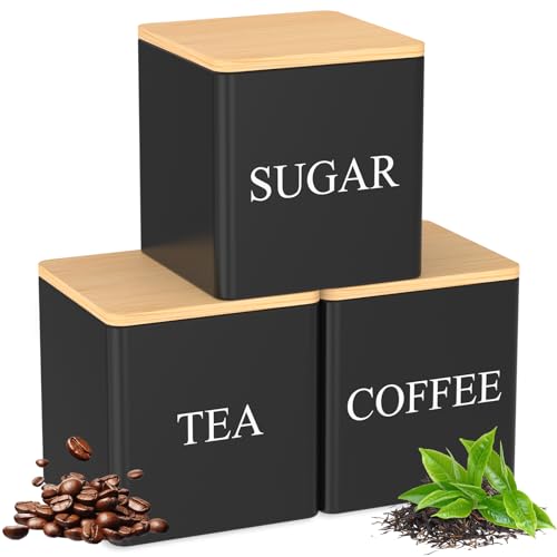 VAVPUP 3 teiliges Küchendosen,500ml Kaffee-Tee-Zucker-Aufbewahrungsdose Set mit Bambusdeckeln,BehälterSet mit großem Fassungsvermögen,Platzsparendes Versiegelte Vorratsbehälter (schwarz) von VAVPUP