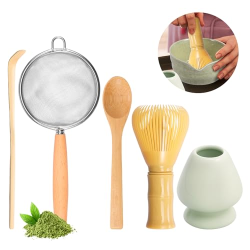 5 Stück Matcha Set,Praktisches Matcha Set mit Matcha Schneebesen,Besenhalter,Sieb,Teelöffel,Japanisches Zubehör für Matcha Zeremonie,Perfekte Set für die Zubereitung für Matcha-Teeliebhaber von VAVPUP