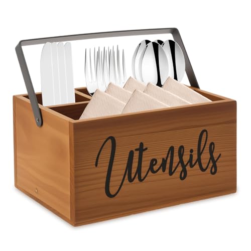 VAVPUP Besteckhalter,Besteckkorb aus Holz mit 4 Fächern Küchenutensilienhalter für die Küchentheke,Esstischdeko Besteckbehälter,Tragbarer Besteck Organizer mit Griff für den Außenbereich(braun) von VAVPUP
