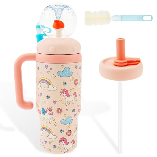 VAVPUP Edelstahl Walbrunnen Tumbler mit Griff,710ml,Auslaufsicherer Wal-Trinkbecher mit Henkeldeckel und Strohhalm, Süße Trinkflasche für Kinder, Jugendliche und Erwachsene,Spülmaschinenfest(Rosa) von VAVPUP