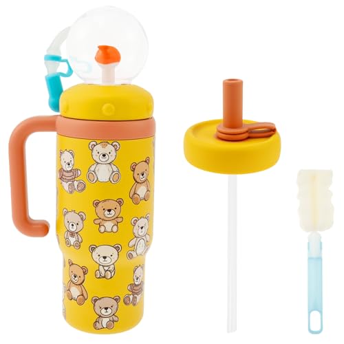 VAVPUP Edelstahl Walbrunnen Tumbler mit Griff,710ml,Auslaufsicherer Wal-Trinkbecher mit Henkeldeckel und Strohhalm, Süße Trinkflasche für Kinder, Jugendliche und Erwachsene,Spülmaschinenfest(gelb) von VAVPUP