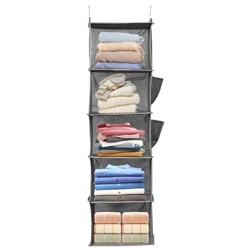 VAVPUP Hängeorganizer,Hängeaufbewahrung mit Fächern,2 Seitentaschen und 2 Haken,Faltbarer Platzsparend Hängeschrank Organizer für Kleidung und Accessoires(5 Fächern) von VAVPUP