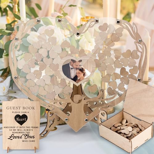 VAVPUP Hochzeit Gästebuch aus Holz,Hearts Hochzeitsdekoration mit Herzrahmen,Einzigartiges Gästebuch in Herzform mit Fotofach für Hochzeiten, Geburtstage Taufen und Abschlussfeiern(Stil 1) von VAVPUP