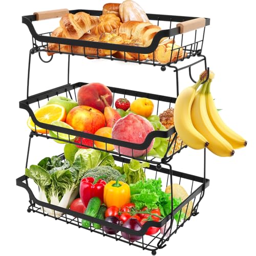 VAVPUP Obstkorb mit 3 Ebenen und 2 Bananenhaltern,Gemüsekorb aus Metallgeflecht,Abnehmbar Obst-Gemüsekorb,Vielseitig Aufbewahrungshalter für Obst Gemüse,Snacks,Brot,für Küche, Abstellraum,Bad von VAVPUP