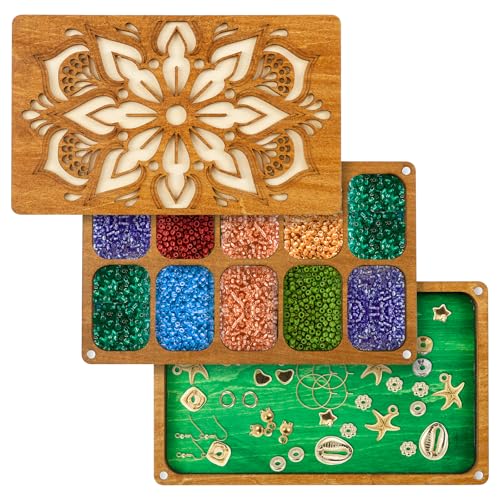 VAVPUP Perlensortierschale Holz mit Magnetischem Deckel und Gummiband, 20 * 12 * 2.5cm,Vielseitig Perlenplatte Holz für die Herstellung von Halsketten und Armbändern,Geschenke für Perlenliebhaber(A) von VAVPUP